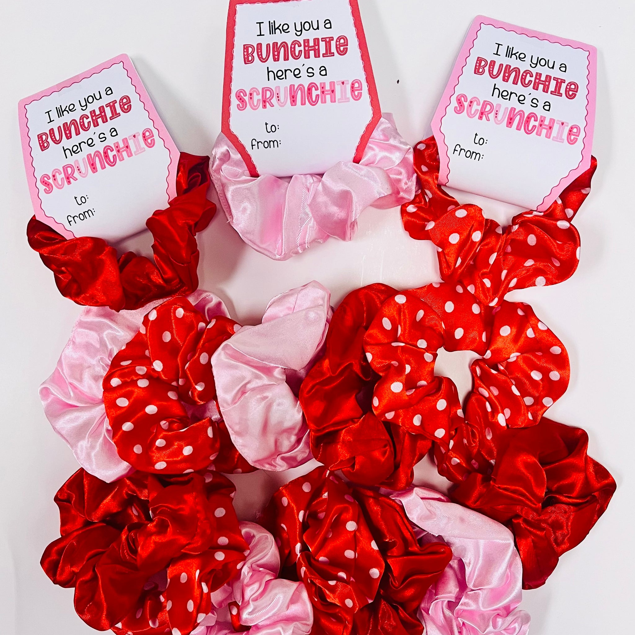 Valentines Day Scrunchie Set (4 Red, 4 Pink, and 4 Red Dot) and Free Printable Valentines Day Card