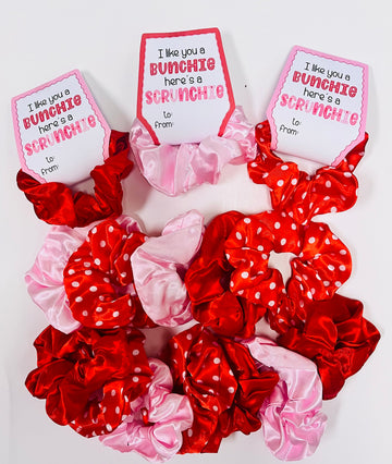 Valentines Day Scrunchie Set (4 Red, 4 Pink, and 4 Red Dot) and Free Printable Valentines Day Card